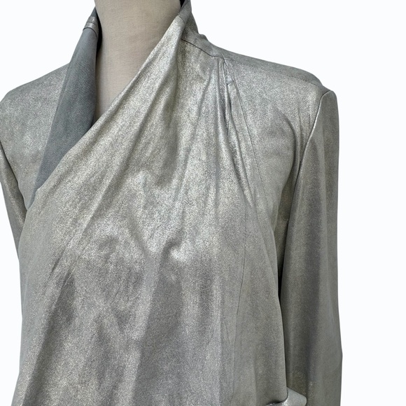 CATHERINE MALANDRINO SILVER METALLIC DRAPED NECKLINE OPEN LEATHER JACKET - NWT - Picture 3 of 13